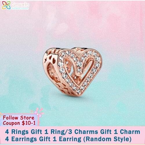 Smuxin S925 Silver Beads Sparkling Rose Freehand Heart Charm fit Original Pandora Bracelets DIY Jewelry for Women