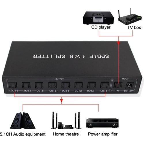 Wiistar SPDIF/TOSLINK Digital Optical Audio Splitter 1x8 Audio Amplifier Support With Power Adapter Free Shipping