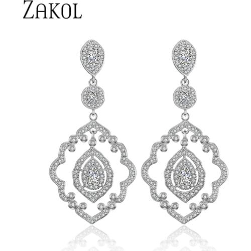 ZAKOL New Vintage Micro Inlay Hollow Out CZ Zirconia Drop Earrings for Women Luxury Crystal Bridal Wedding Jewelry Dress EP2217