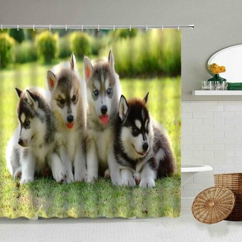 Tongue Out Husky Dog Cat Animal Shower Curtain Spring Natural Landscape Family Bathroom Decoration Blackout Waterproof Screen