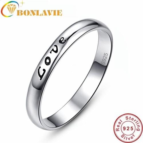 BONLAVIE High Quality Letter Love 925 Sterling Sliver Ring Simple Style Wedding Bands Women Fashion Ring Jewelry