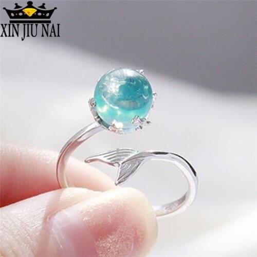 Stylish Personality Design Mermaid Foam Crystal Adjustable Ring for Women Engagement Silver Finger aquamarine 925 ring