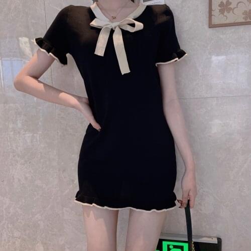 Summer new v-neck french style short sleeve dress short style bowknot women retro dress female slim knitted dress