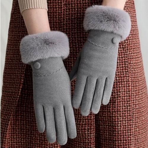 Winter Warm Cashmere Velvet Windproof Sport Cycling Mittens Female Double Thick Plush Button Touch Screen Driving Glove I12