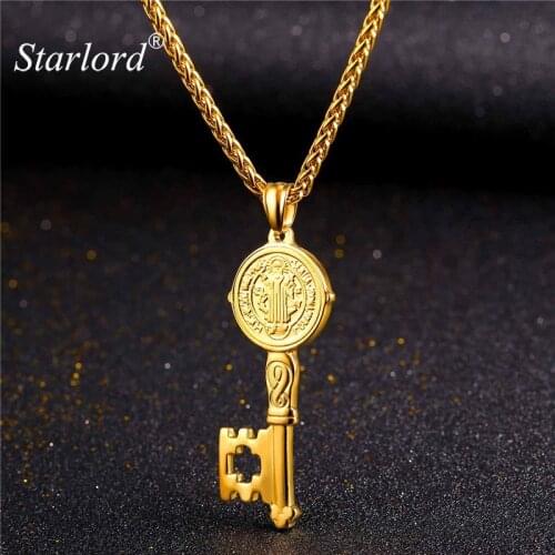 Starlord Saint Benedict Medal Key Pendant Necklace Charms Cross Jewelry Stainless Steel/Gold Color Chain For Men/Women GP2396
