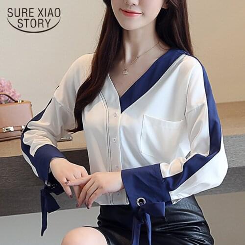 2021 Long Sleeve White Shirts Women V-neck Panelled Chiffon Blouse Womens Tops and Blouses Blusas Femininas Elegante 8012 50
