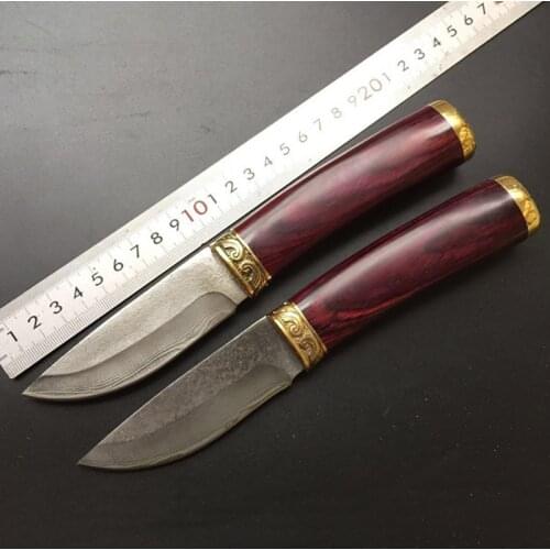 Free shipping High-end sharp Damascus straight knife Copper inlay Collect the hunting knife Outdoor tools black wood handle