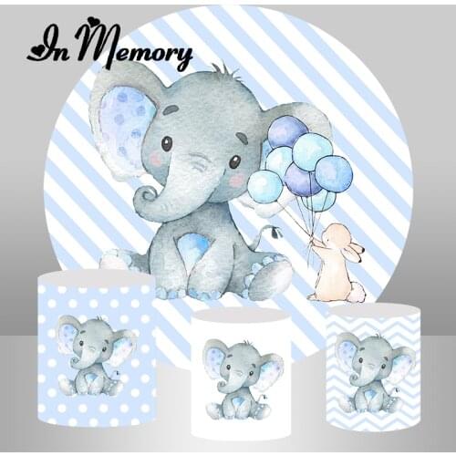 InMemory Blue White Striped Elephant Round Backdrop Cover Boys Newborn Baby Shower Baptism 1st Birthday Background Plinth Covers
