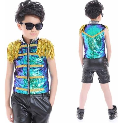 Childrens Day Hip-Hop Dance Costumes For Boys Performance Costumes Colorful Sequins Sleeveless Suit Modern Stage Outfits DQS279
