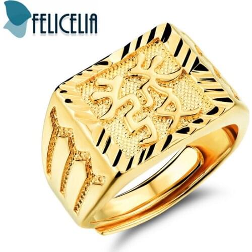 Felicelia Size Adjustable Luxury Men Gold Color Ring Wedding Engagement Ring With Fortune/ Luck/ Wealth In Chinese Character