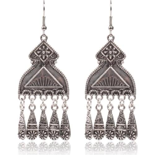 HC Vintage Silvery Brass Color Metal Earrings Dangle Water Drop Statement Earrings Antique Carved Flower Drop Earrings Women F