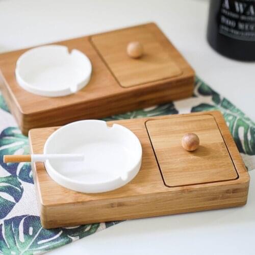 Creative fashion multi-function home bamboo ceramic ashtray Brief with storage office ashtray