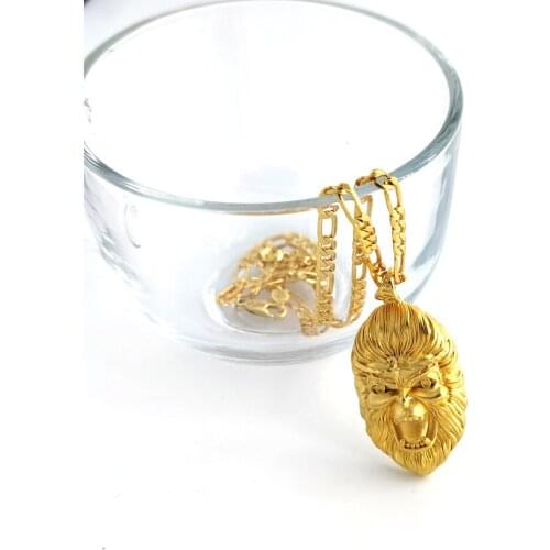 Pendant 24 k Solid Fine G/F Gold Yellow Head Handsome Monkey King US Width Fashion Jewelry Ltalian Figaro Link Chain Necklace