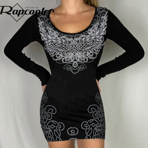 Rapcopter Graphic Print Mini Dress Black Grunge Fairycore Short Dress Knitted Long Sleeve O Neck Bodycon Dress Women Gothic Club