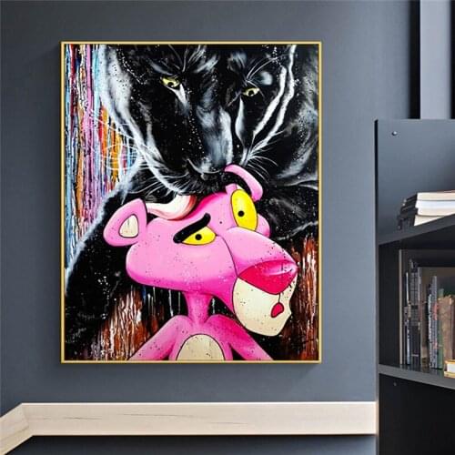 Cartoon Funny Pink Panther and Black Lion Canvas Painting Wall Art Nordic Posters and Prints Wall Pictures for Living Room Decor