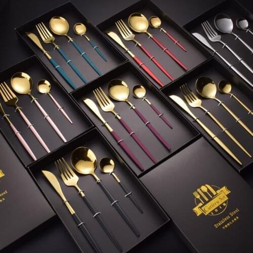 Stainless Steel Dinnerware Set Black Gold Cutlery Spoon Fork Knife Western Cutleri Gift Box Supplies Silverware Tableware Set
