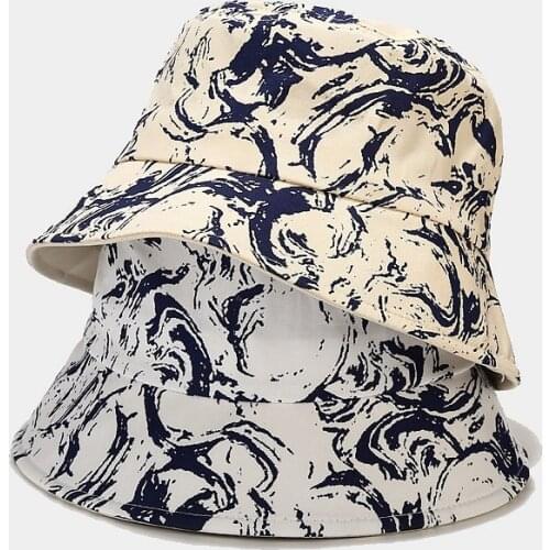 New Bucket Hat Summer Womens Fashion Sun Protection Hat Ink Graffiti Fisherman Hat for Men Flat Personality Hat Unisex Panama