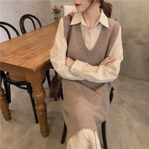 Preppy Style Long Sleeve Draped Pleated Hem Mid-length Shirt Dresses+V-neck Knitted Vests Two-piece Suit Autumn New