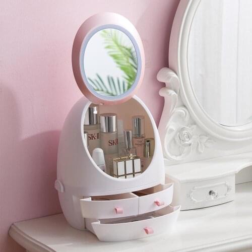 Dropshipping HD Mirror LED Light Cosmetic Storage Box Jewelry Makeup Organizer USB Charge Cosmetic Case Desktop Storage Drawer