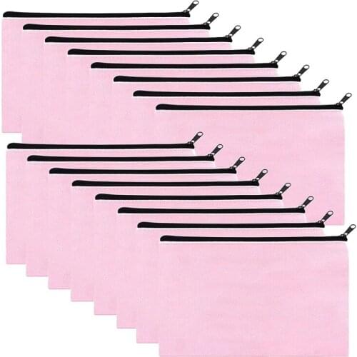 Pink Canvas Makeup Bag,Bulk Cosmetic Bags with Multi-Color Zipper,Canvas Zipper Pencil Case Pouch,DIY Craft