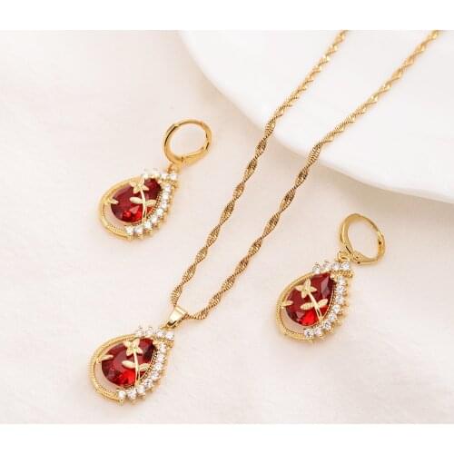 Luxurious Inlay red CZ Crystal diamond Earrings pendant necklace 9 k Fine Solid Yellow THAI BAHT G/F Gold Jewelry Sets party