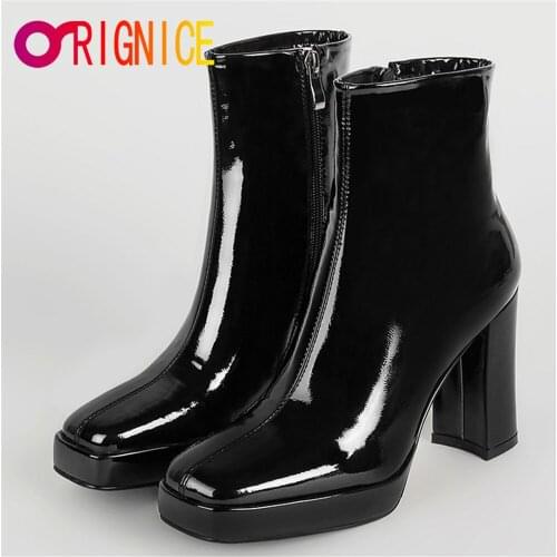 Orignice European American Fashion Square Toe Ankle Boots Zipper Women Platform High Thick Heel Patent Leather Party Dress Shoes