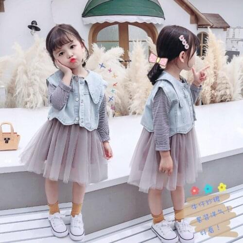1 2 3 4 5 6 Years Toddler Girl Sets Fashion Korean Striped Long Sleeve Stitching Princess Dress Denim Vest Kids Clothing 2020