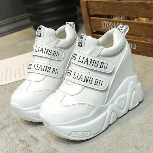 12 Cm Super Hign Wedge Sneakers Woman Auutmn 2018 Leahter Female Casual Shoes Hook Loop Comfortable Platform Sneakers