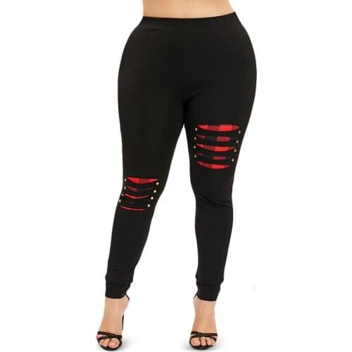 Plus Size Ripped Plaid Panel Leggings 4xl 5xl Casual Women Leggings Elastic Waist Fashion Pencil Slim Trousers Female Bottoms