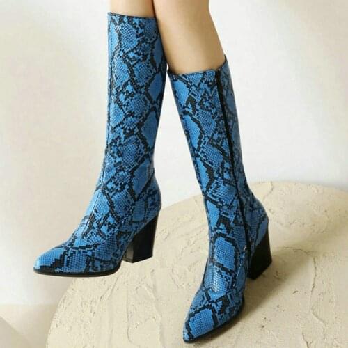Blue Brown White Women Knee High Boots PU Leather Snake Print Zipper Ladies Calgary Boots Pointed Toe Square Heel Womens Boots