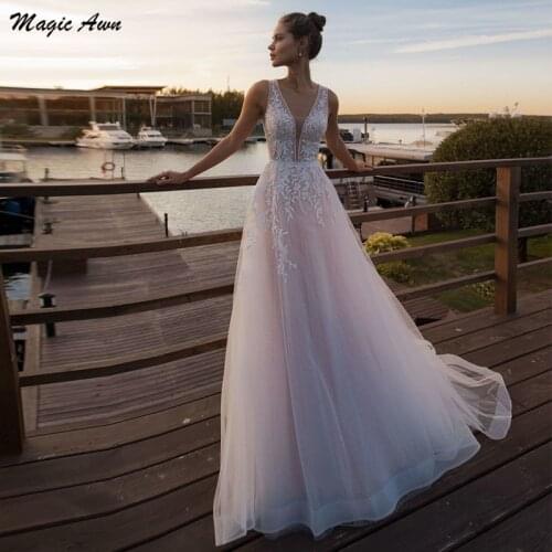 Magic Awn Vestidos Pink Tulle Wedding Dresses Beach Lace Appliques See Through Country Princess Mariage Gowns With Train 2021