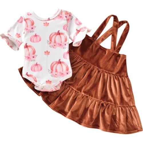 2Pcs Babys Clothes Girls Outfit Summer Pumpkin Flower Printing Flare Short Sleeve Round Collar Romper Skirt Childrens Clothing