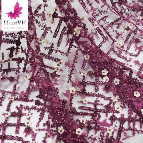 2020 High quality handmade beaded embroidery super heavy handmade beading crystl pealrs wedding dress lace fabric 1 yard red