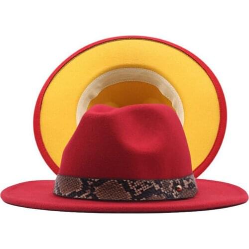Winter Women Red Yellow Patchwork Felt Fedora Hat Wide Brim Panama Cowboy Hat Soft Brim Trilby Hat Suitable For Church