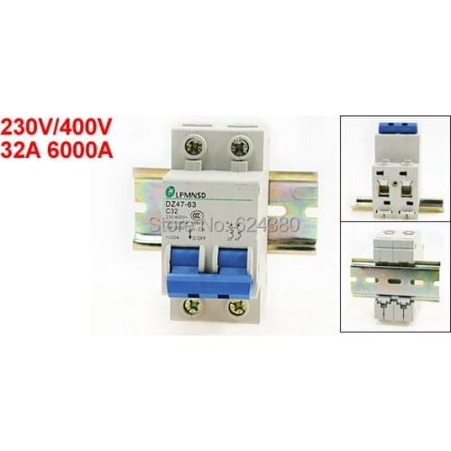 DZ47-63 C32 230V / 400V 32A 2P 2 Poles Household Miniature Earth Leakage Circuit Breaker Overload Protection 6000A + Lead Rail