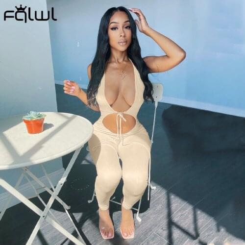 FQLWL One Piece Outfit Sleeveless Backless Bodycon Rompers Womens Jumpsuit Summer Sexy Hollow Out Party Long Halter Jumpsuits