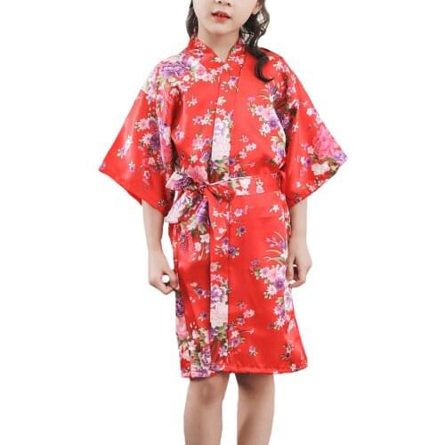 Kids Girls Kimono Robe Satin Cherry Blossoms Bathrobe for Spa Swimming Nightwear Pyjamas Sleepwear