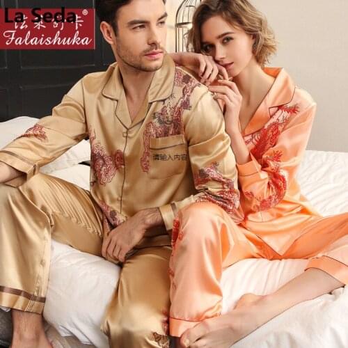 Chinese style 100% silk Couples sleepwear women family pajamas sets men Lovers long sleeve wedding women pyjamas men sleepwear