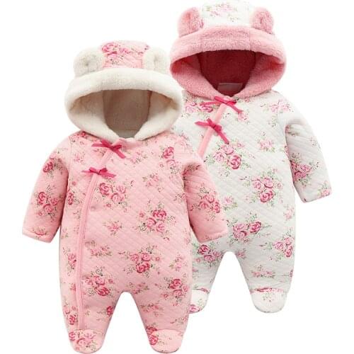 Baby Girl Thicken Jumpsuit New Winter Warm Romper Overall with Ear Cap Print Thick Sleeping Bag Infant Outfit Clothes Born