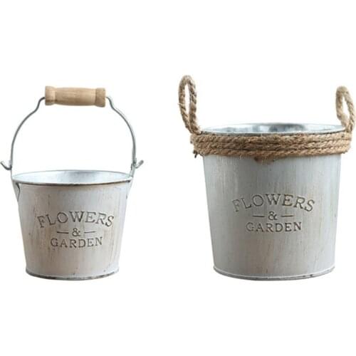 2PCS Flower Bucket Flowerpot Succulent Holder Vintage Barrel-Table Decorations Garden Decor Iron Planting Display Stand Pot