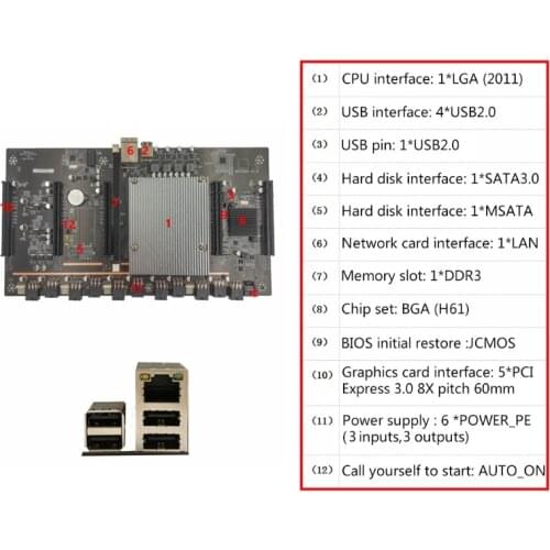 LX0B BTC X79-H61 Miner Motherboard DDR3 5x PCI-E 8X MSATA3.0 Support 3060 GPU Cryptocurrency Mining BTC Motherboard