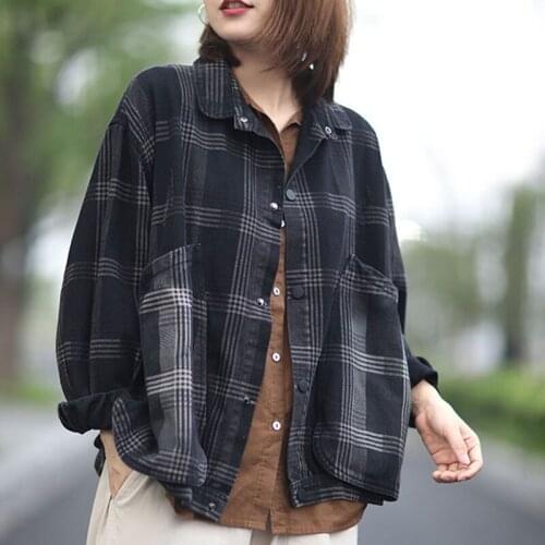 Fashion Korean Retro Turn-down Collar Long Sleeve Plaid Coats 2020 Autumn New Loose Big Pockets Bleached Denim Jackets Washed