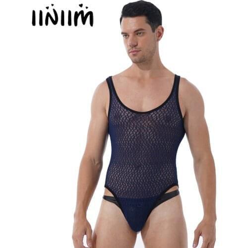 Mens Sexy Lingerie Sheer See-through Mesh Bodysuit Underwear Round Neck Sleeveless Wrestling Singlet Athletic Leotard Nightwear