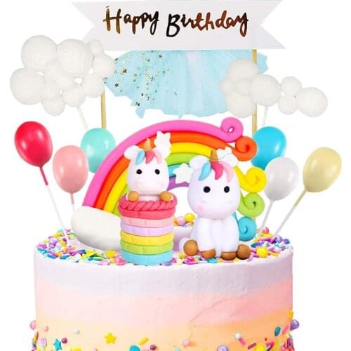 Unicorn Cake Topper Kit Cloud Rainbow Balloon Happy Birthday Banner Flags Decoration Cupcake For Wedding Boys Girls Kids