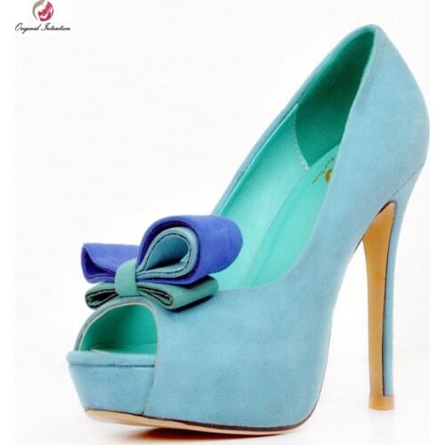 Original Intention Women Pumps Bowtie Platform Peep Toe Thin Heels Pumps High-quality Blue Shoes Woman Plus US Size 4-15