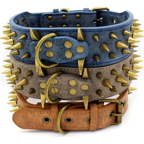 Anti-bite Dog Collar 2" Wide Rivet Leather Dog Collars Pitbull High Quality Big Dog Collar German Shepherd Mastiff Rottweiler Bu