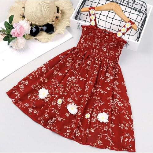Cute Girls Dress Fashion Red Sleeveless Print Flower Decoration A-Line Summer Sundress Childrens Clothing for 2-6Years