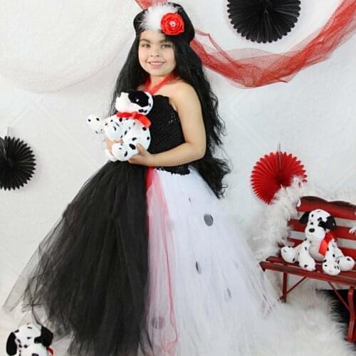 Girls Dalmatian Tutu Dress Kids Crochet Tulle Dress Ball Gown with Feather Flower Hairbow Children Halloween Party Costume Dress