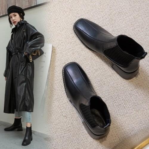 Hot Chelsea Boots Women Slip-On Thick Heels Ankle Boots New Winter Autumn Round Toe Brogue Shoes Ladies Size 34-43 Western Style