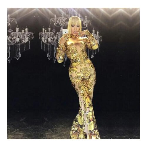 Sexy and luxurious nude gold rhinestone elastic jumpsuit bar nightclub concert singer dancer costume